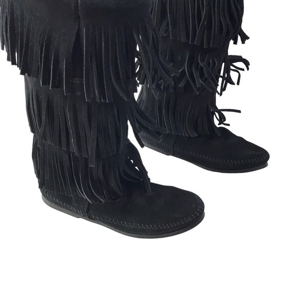 Minnetonka 3 Layer Fringe Moccasin Boot Womens Size 8 Suede Boho Western 1639 - Picture 5 of 11